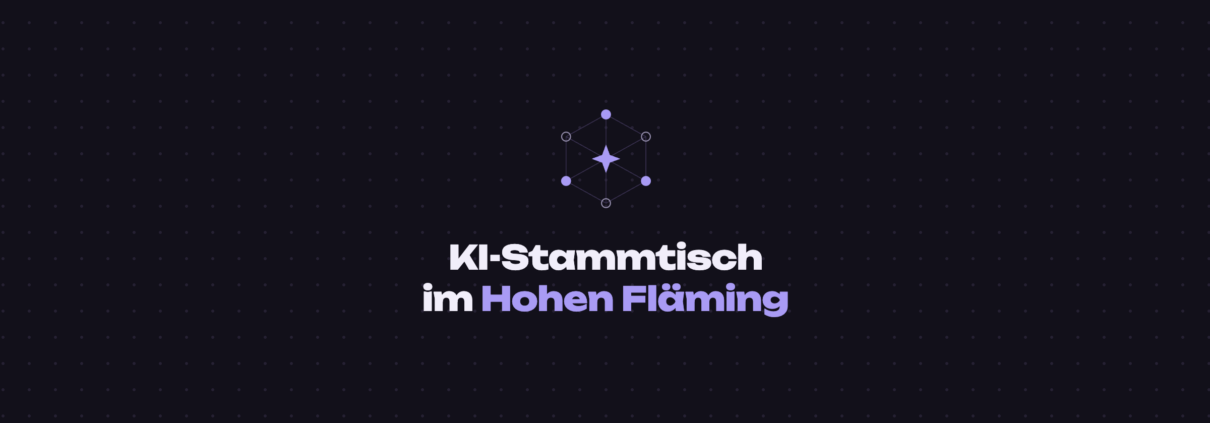 Schriftzug „KI-Stammtisch im Hohen Fläming" auf dunklem Grund, „Hohen Fläming" in Lavendel hervorgehoben. Darüber ein Netzwerk-Symbol: ein Sechseck aus verbundenen Punkten mit einem Stern in der Mitte.