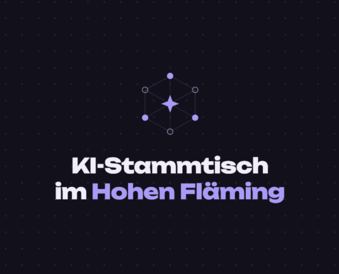 Schriftzug „KI-Stammtisch im Hohen Fläming" auf dunklem Grund, „Hohen Fläming" in Lavendel hervorgehoben. Darüber ein Netzwerk-Symbol: ein Sechseck aus verbundenen Punkten mit einem Stern in der Mitte.