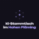 Schriftzug „KI-Stammtisch im Hohen Fläming" auf dunklem Grund, „Hohen Fläming" in Lavendel hervorgehoben. Darüber ein Netzwerk-Symbol: ein Sechseck aus verbundenen Punkten mit einem Stern in der Mitte.