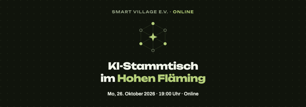 Dunkle Grafik mit moosgrünem Netzwerk-Symbol und dem Titel „KI-Stammtisch im Hohen Fläming“, darunter Montag, 26. Oktober 2026, 19 Uhr, online.