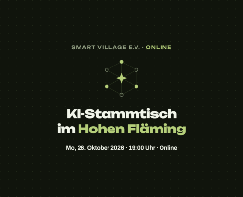 Dunkle Grafik mit moosgrünem Netzwerk-Symbol und dem Titel „KI-Stammtisch im Hohen Fläming“, darunter Montag, 26. Oktober 2026, 19 Uhr, online.
